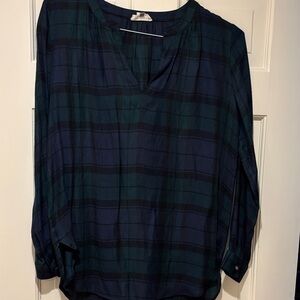 LOFT Navy and Green Plaid Blouse